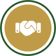 A white icon of a handhake inside a gold circle which has a white and a green stroke.